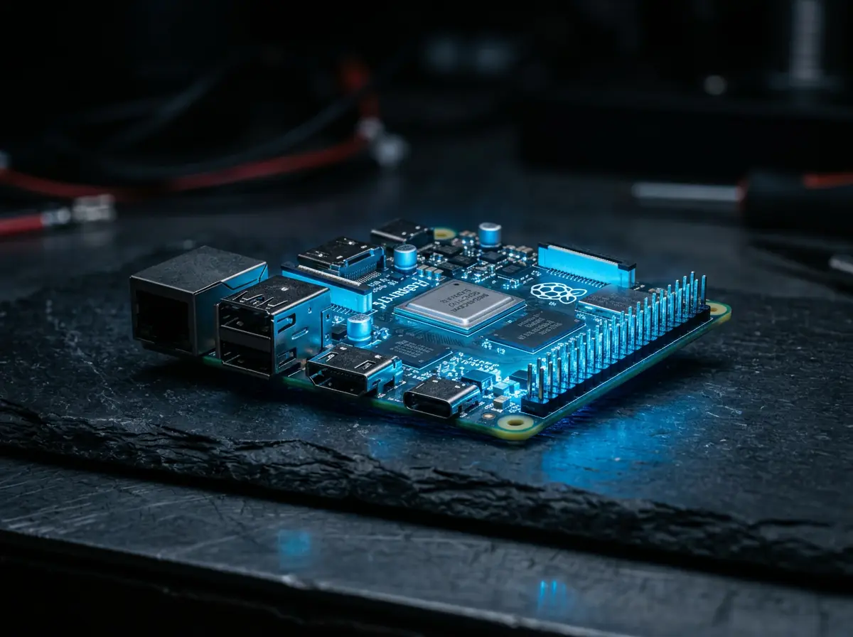 Raspberry Pi 5 kretskortet med blå glødelys - edge AI hardware for LFM2.5