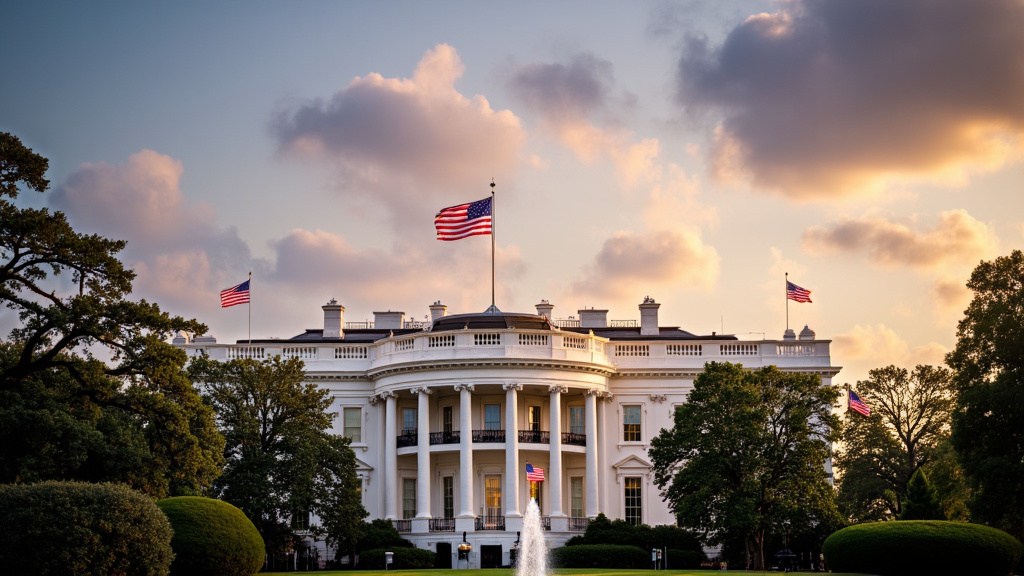 Det hvite hus i bakgrunnen med amerikanske flagg som symboliserer politisk usikkerhet