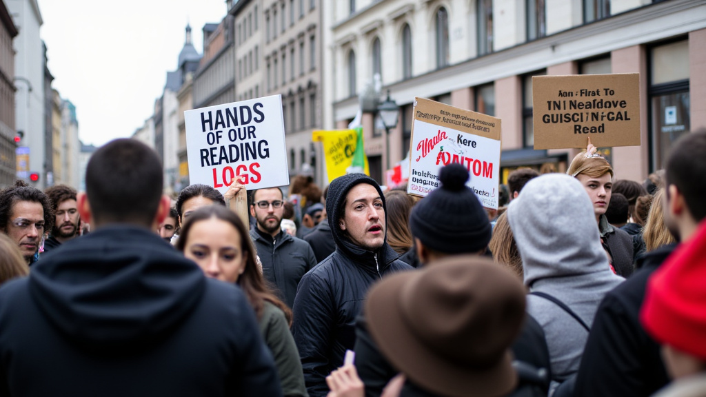 Protestdemonstrasjon mot overvåking av digitale leselogger med folk som holder bøker og plakater