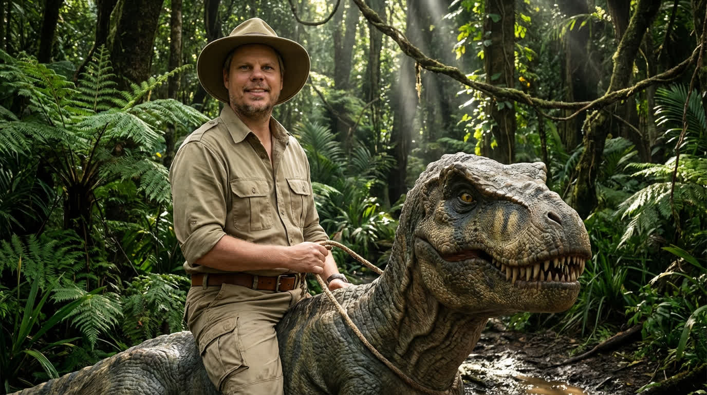 Jan Sverre riding a dinosaur in safari outfit, photorealistic AI-generated image demonstrating Nano Banana Pro capabilities
