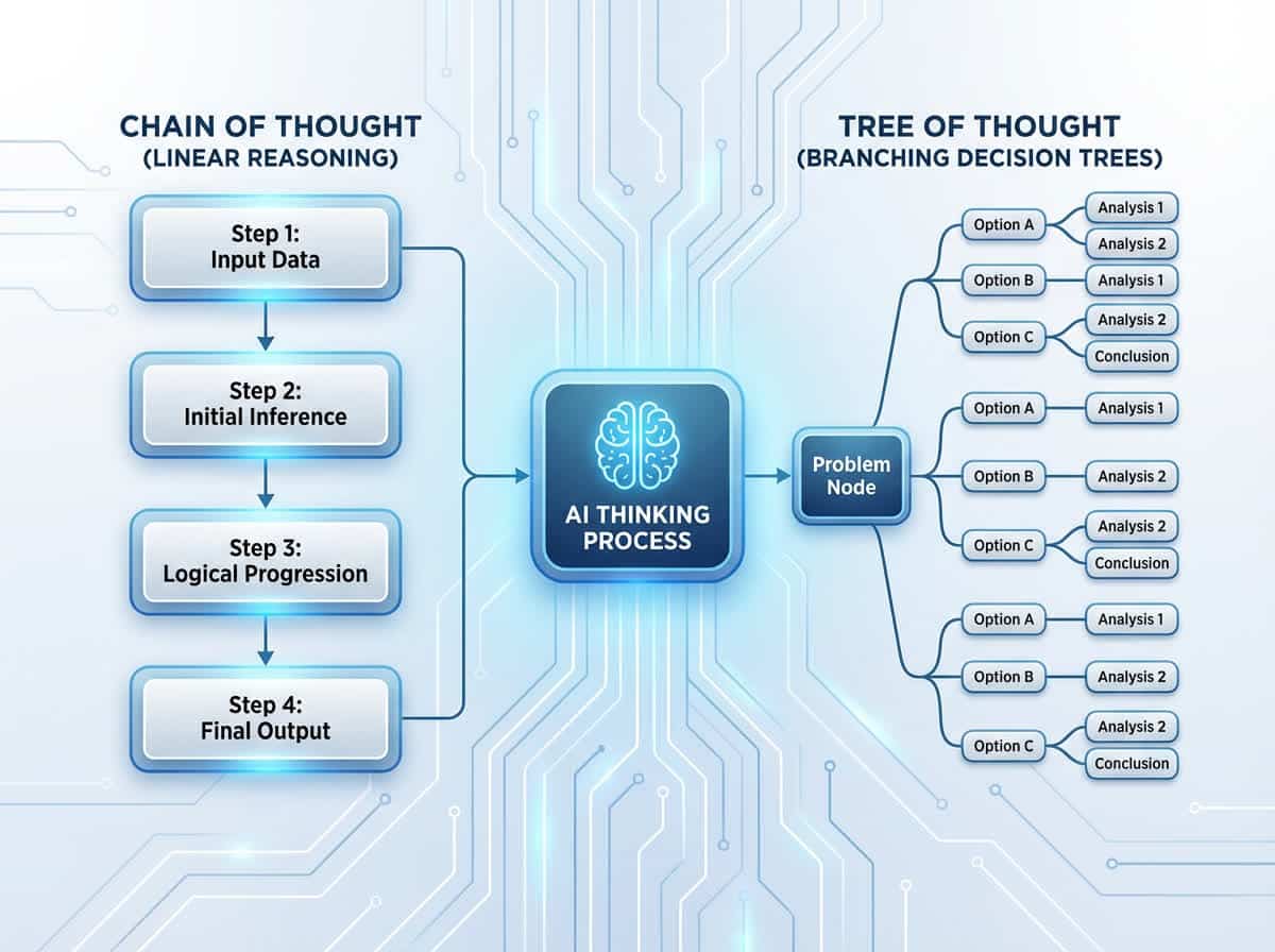 Visualisering av Chain of Thought og Tree of Thought prompting-teknikker for komplekse AI-oppgaver