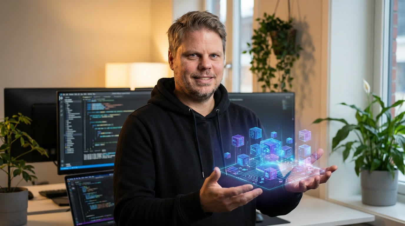 Jan Sverre presenting small AI models with holographic visualization, demonstrating accessible AI technology for Norwegian businesses