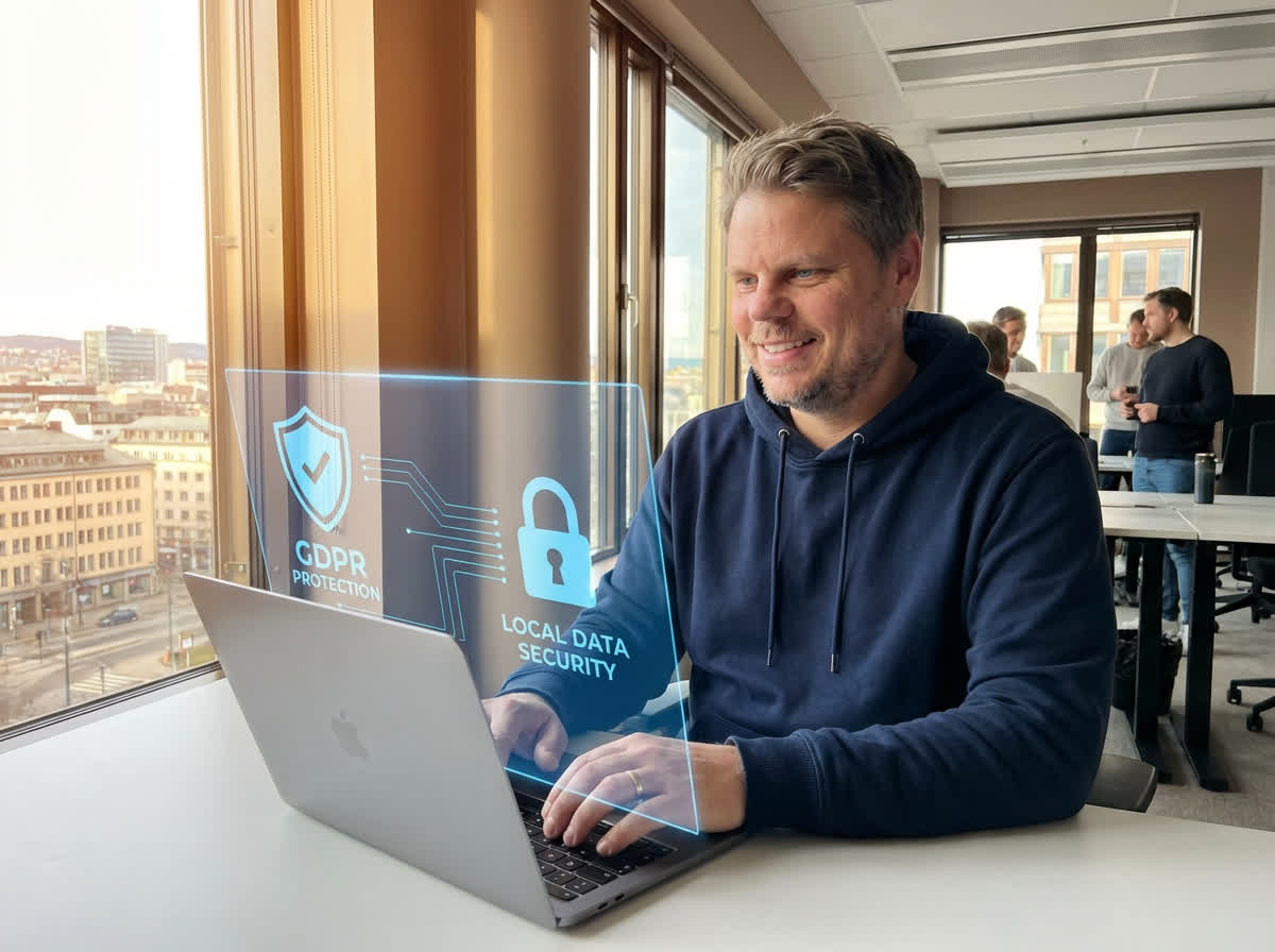 Jan Sverre demonstrating GDPR-compliant local AI deployment with data security visualization in Norwegian workspace