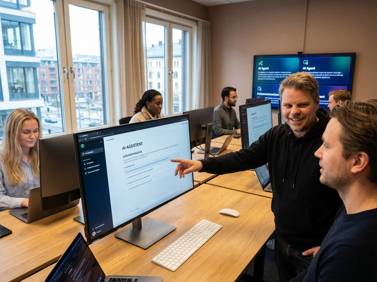 Jan Sverre demonstrating AI assistant tools including chatbot and document analysis for Norwegian SMB