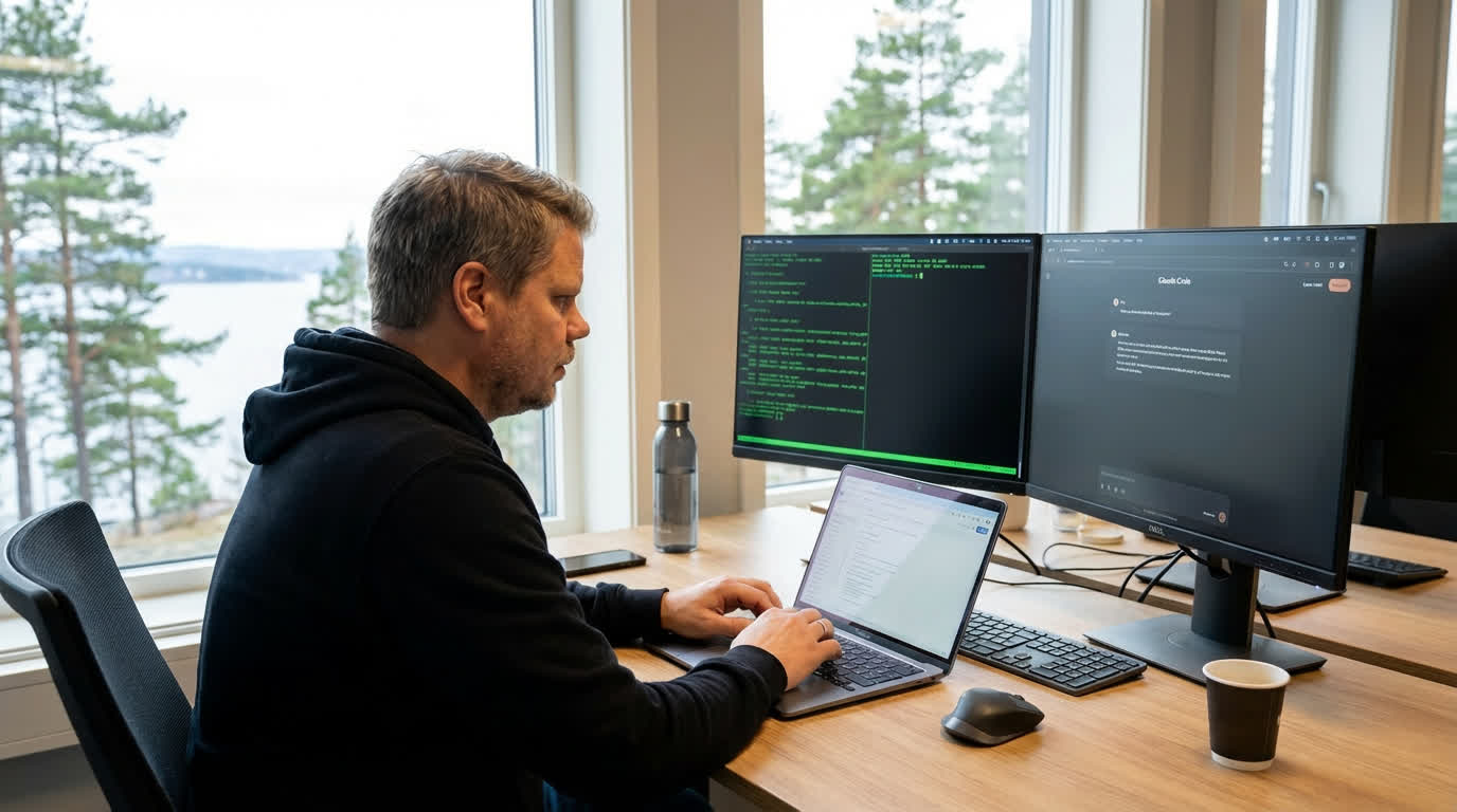 Jan Sverre Bauge arbeider med Claude Code på moderne tech workspace med flere skjermer