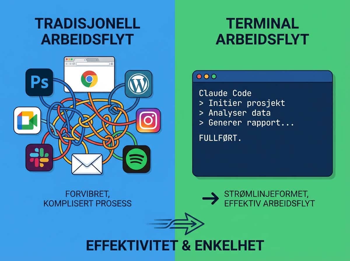 Sammenligning terminal workflow vs tradisjonell multi-app workflow