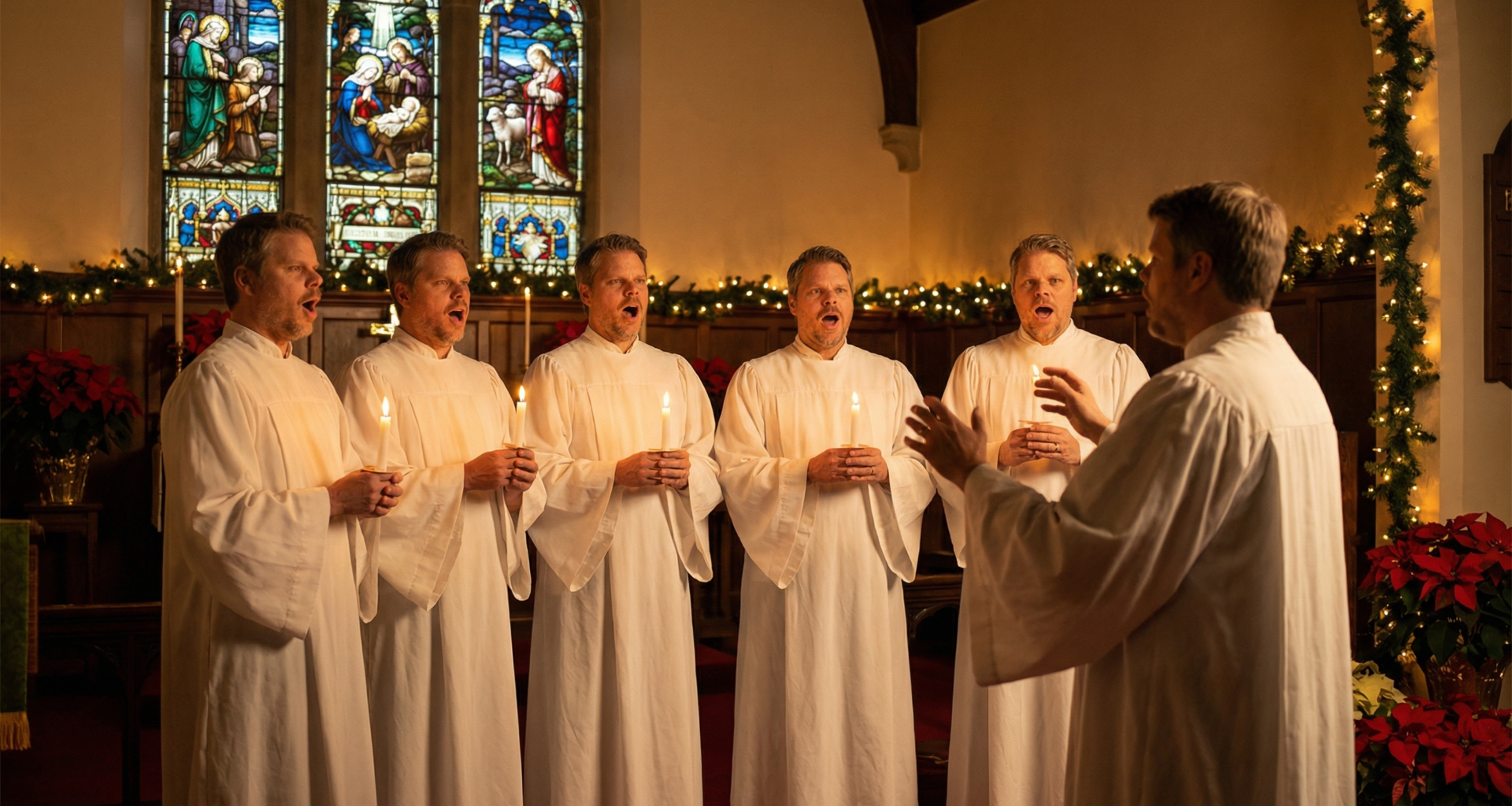 Jan Sverre som syngende korgutt i Sølvguttene-stil med stearinlys