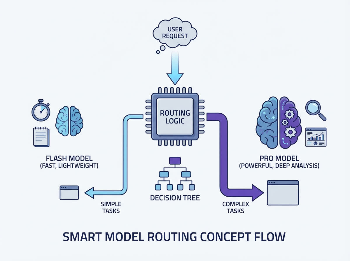 Technical illustration showing Smart Model Routing concept - how Gemini CLI automatically picks Flash vs Pro models