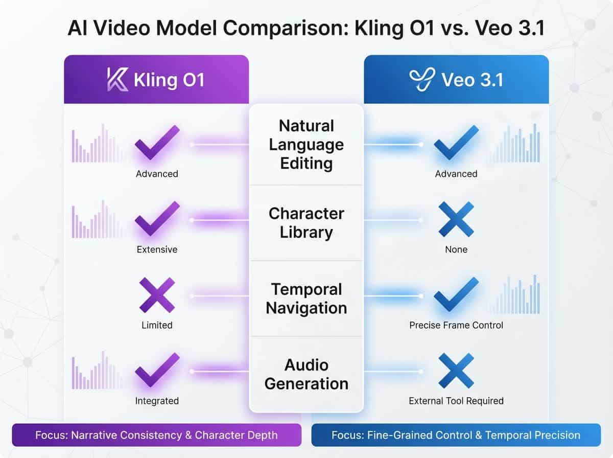 Infographic comparing Kling O1 features vs Veo 3.1 and Sora 2