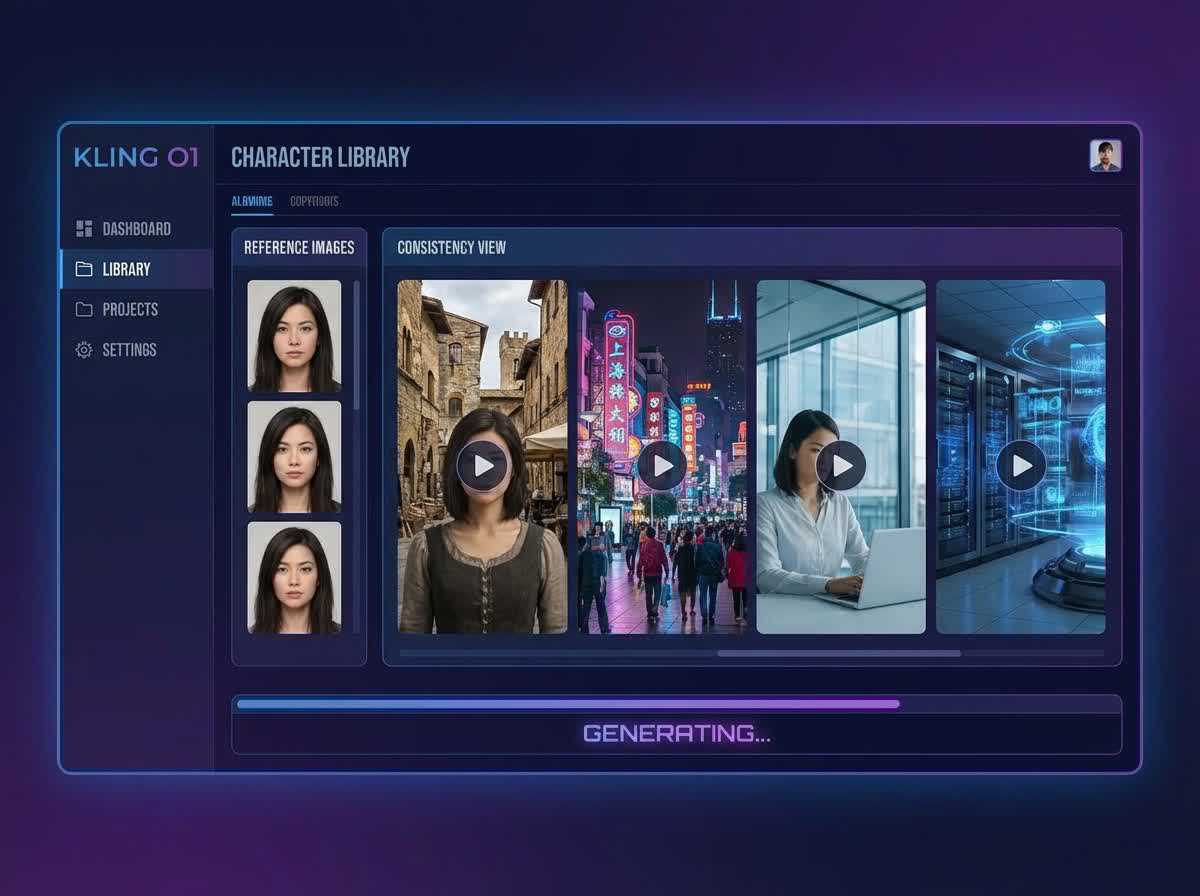 Screenshot of Kling O1 character library interface showing consistent character across multiple scenes