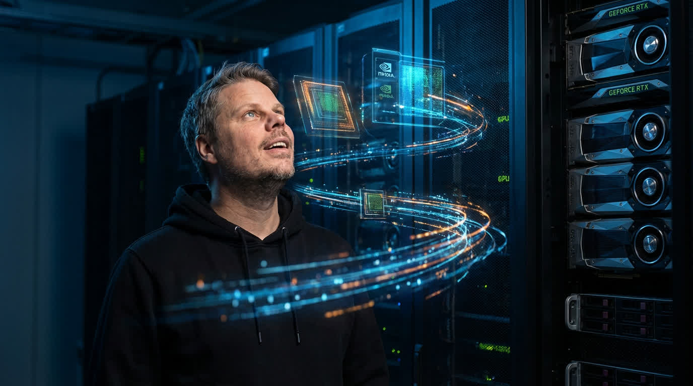 Jan Sverre i futuristisk serverrom omgitt av glødende data-strømmer og GPU-visualiseringer, viser kraften i cloud GPU computing