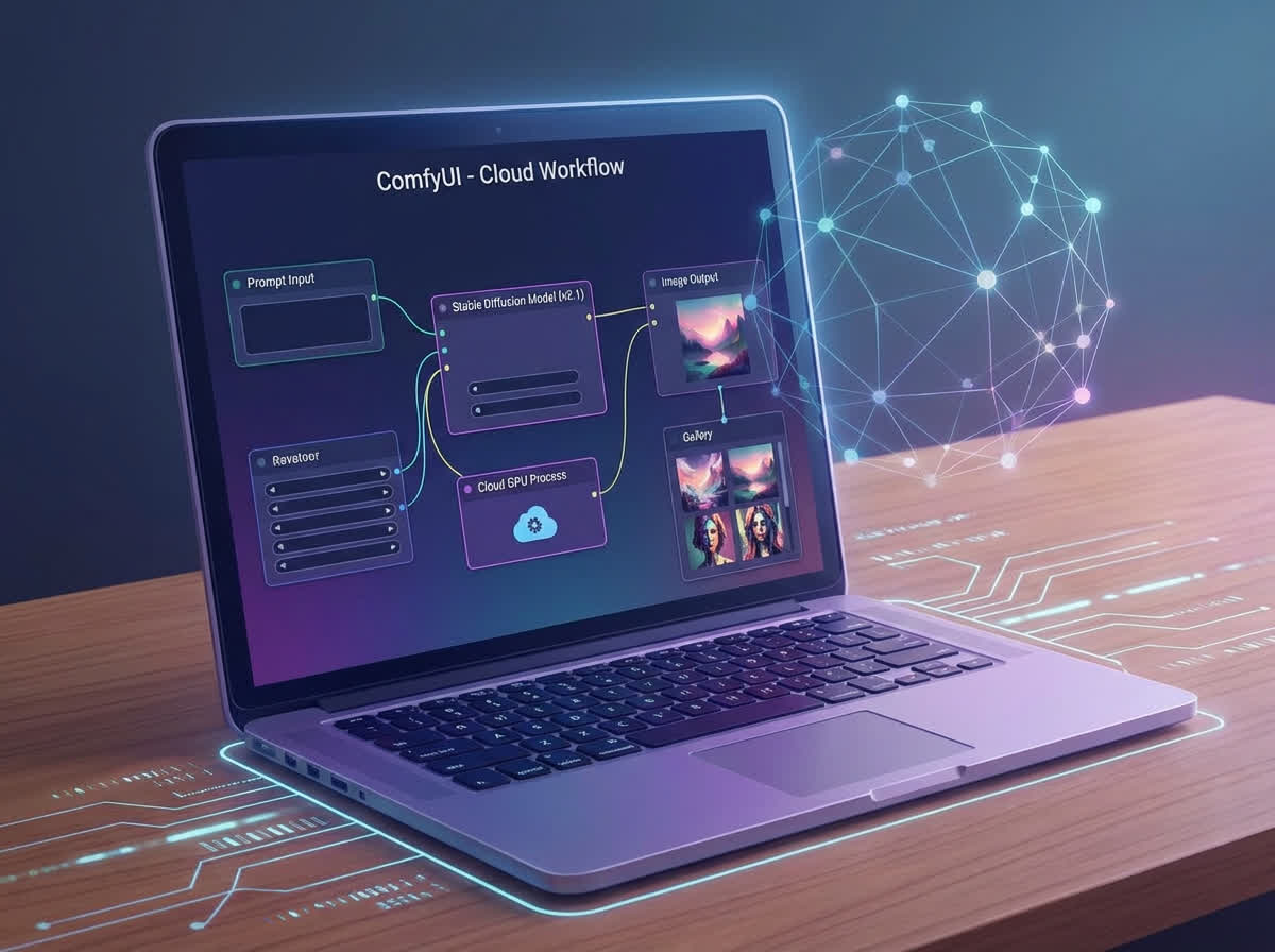 Illustrasjon av ComfyUI workflow som kjører på cloud GPU, viser AI bildegenerering i praksis