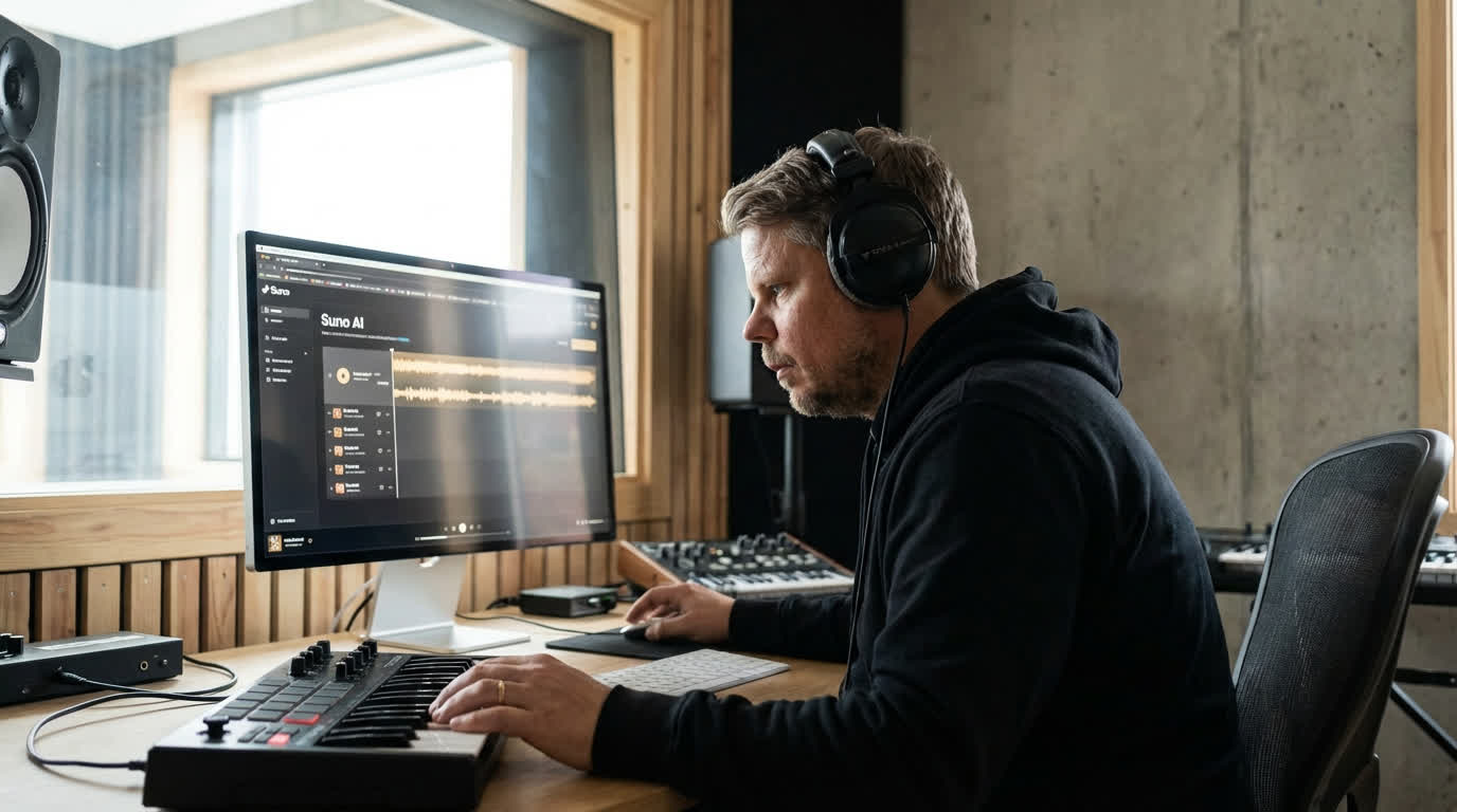 Jan Sverre arbeider med Suno AI musikk-generering på datamaskinen, kreativt workspace med hodetelefoner