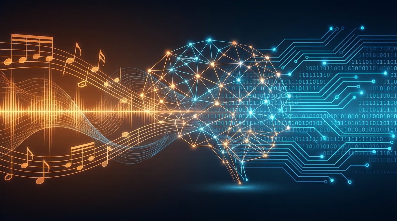 Konseptillustrasjon av musikk som transformeres til digital kode - AI-musikk i 2026