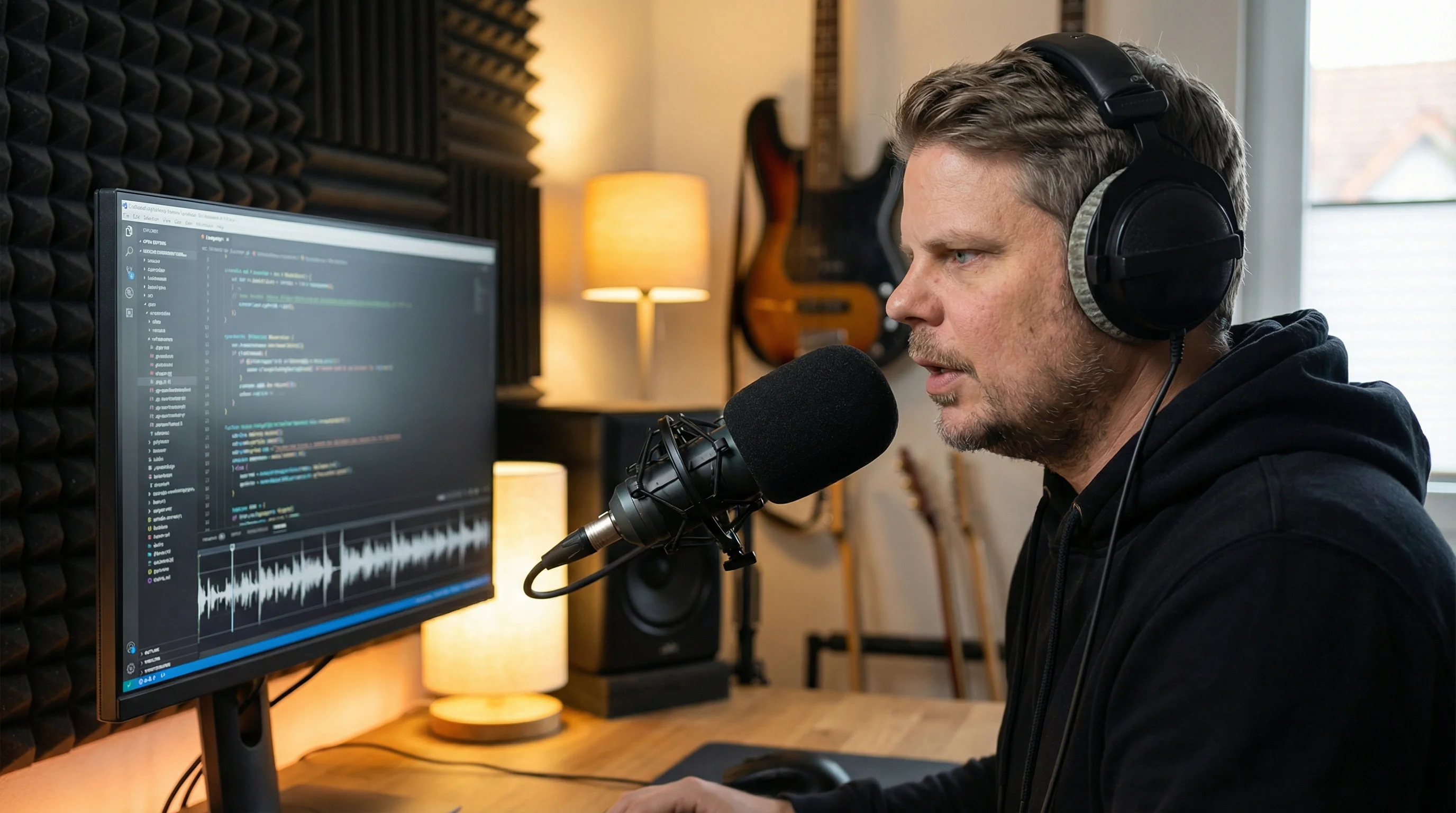 Jan Sverre Bauge tester Pocket-TTS lokalt med headset og mikrofon