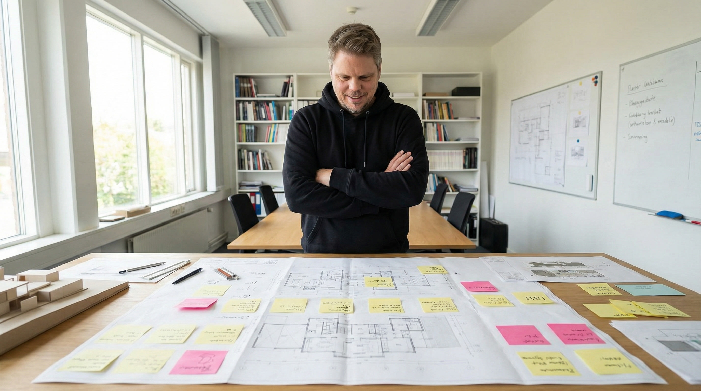 Jan Sverre planlegger over tegninger - Claude Code Plan Mode