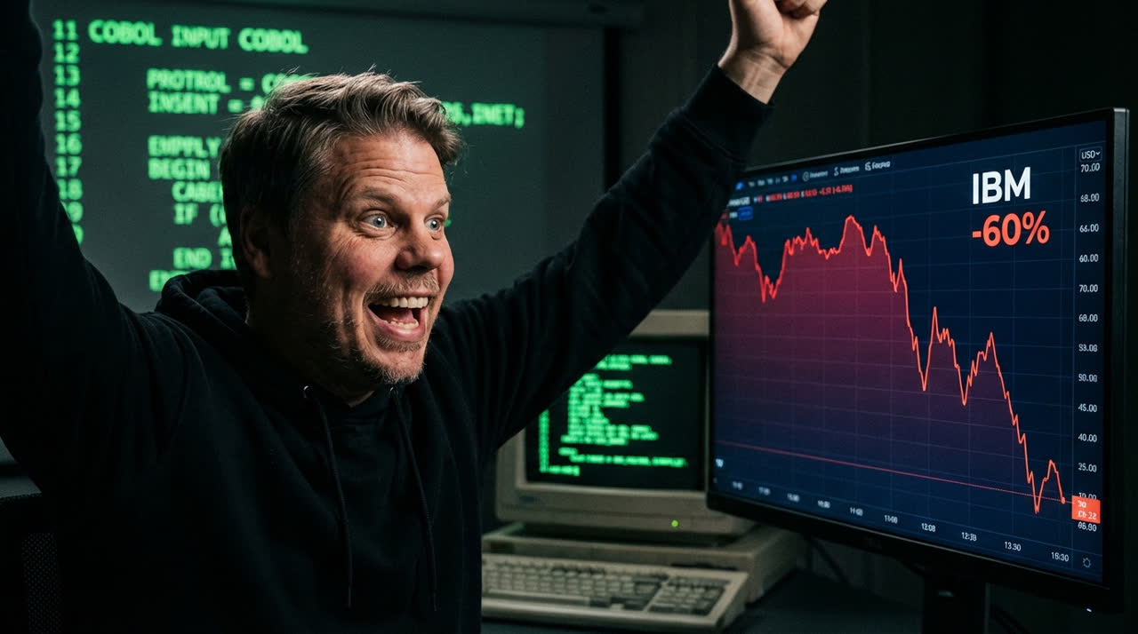 Jan Sverre smiler foran skjermer med røde børsfall og grønn COBOL-kode.