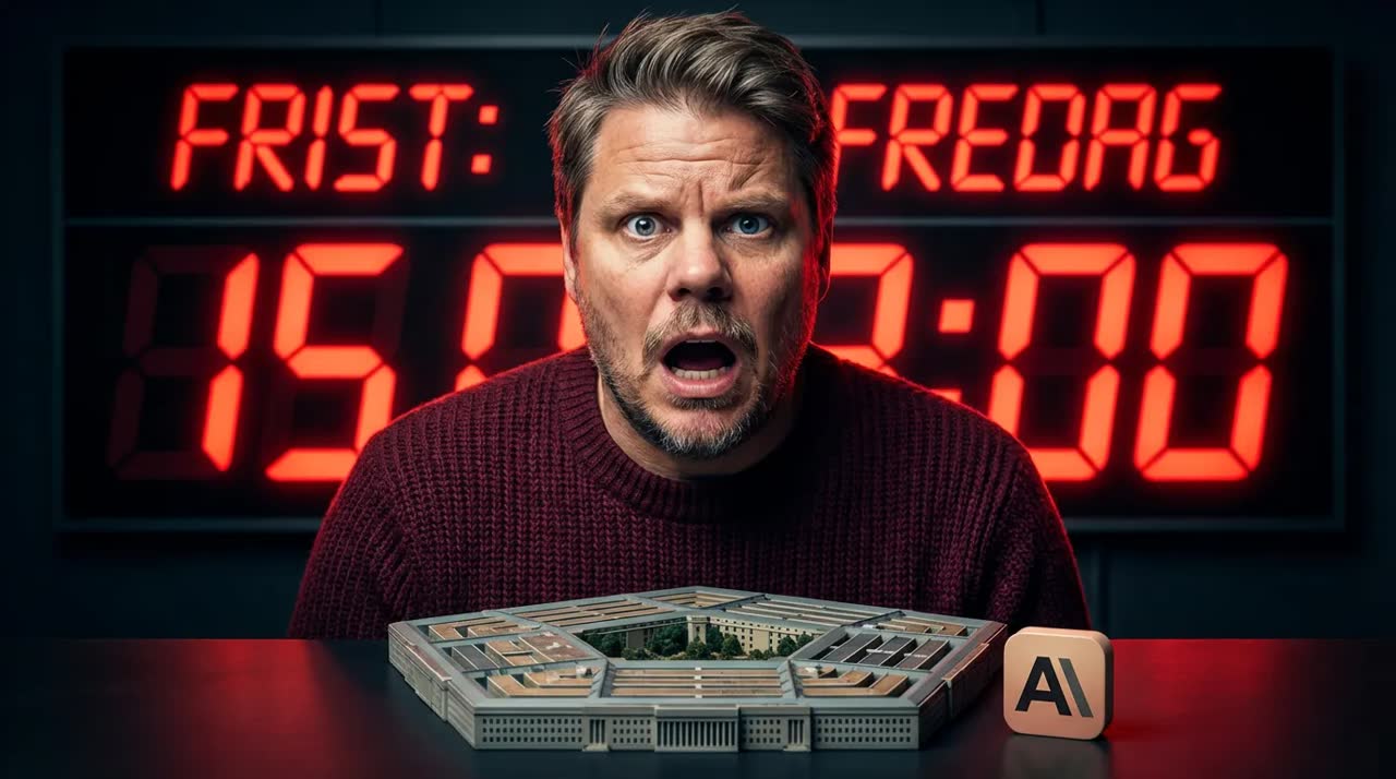 Jan Sverre med rystet uttrykk foran Pentagon og Anthropic-logo