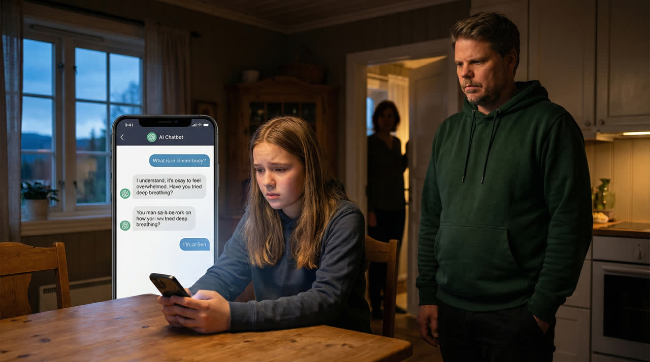 Tenåring som søker emosjonell støtte i en AI-chat på mobilen mens Jan Sverre følger bekymret med.