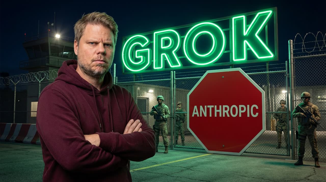 Jan Sverre står skeptisk foran militært anlegg med Grok-skilt og Anthropic-stopp, som illustrerer striden om Pentagon-fristen.
