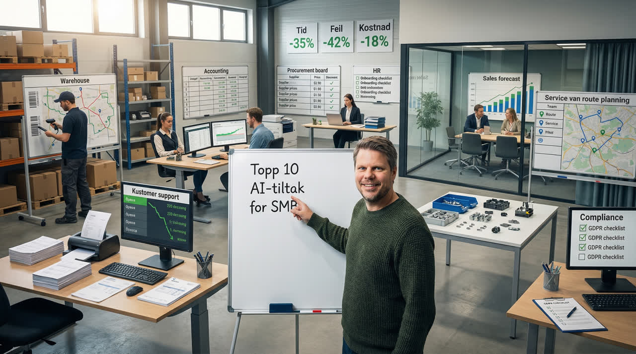 Jan Sverre i et norsk SMB-miljø med 10 konkrete AI-bruksområder for tids- og kostnadsbesparelse.