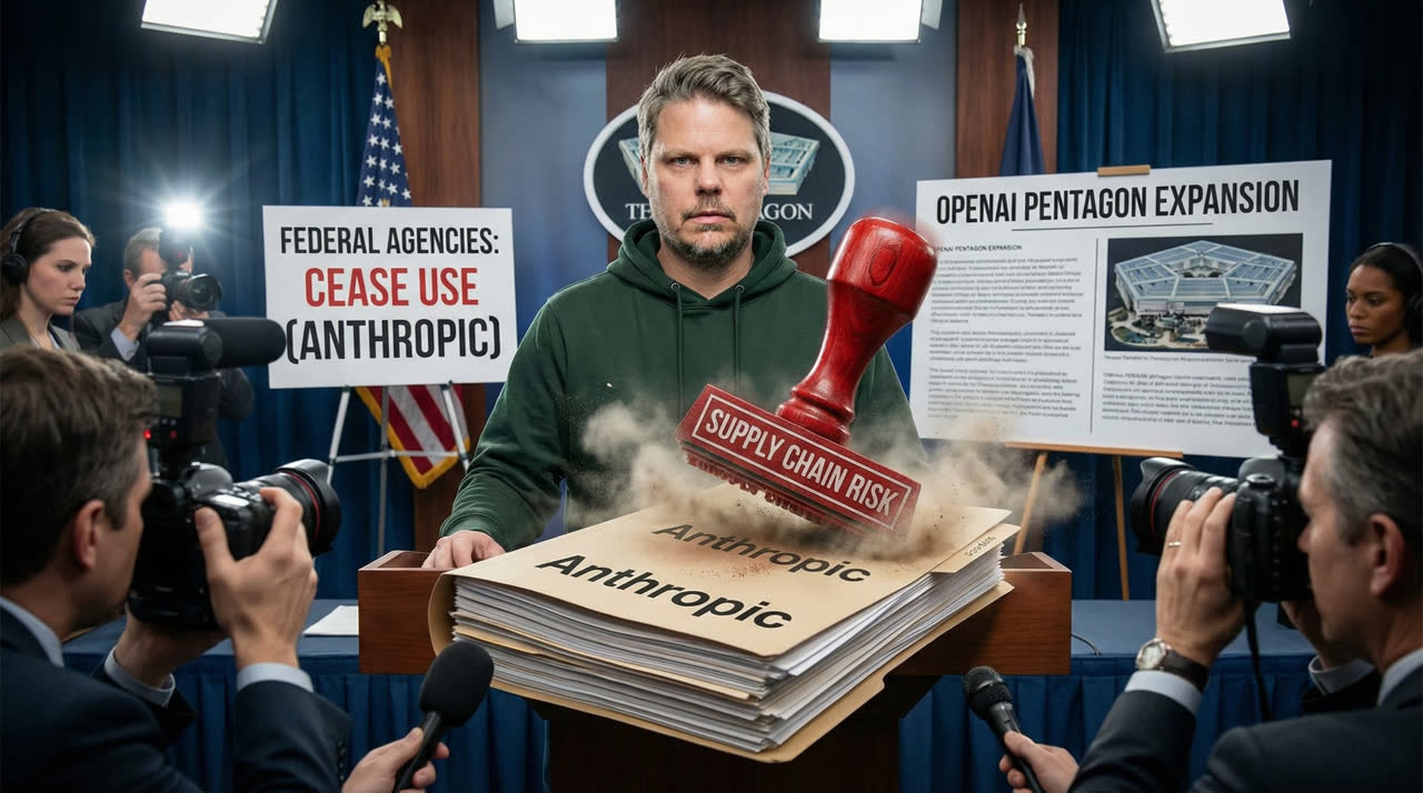 Jan Sverre foran Pentagon idet et rødt stempel markerer Anthropic som supply chain risk, mens OpenAI-kontrakt vises i bakgrunnen.