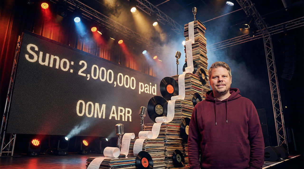Jan Sverre ved et scene-board som viser Suno med 2 millioner betalende abonnenter og 300 millioner dollar ARR.