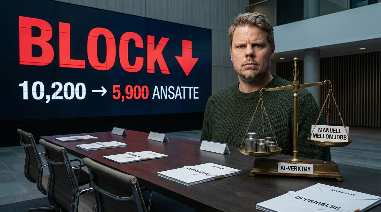 Jan Sverre foran et tydelig Block-oppsigelsesmotiv som viser kraftig bemanningskutt og AI-drevet omstilling i tech.