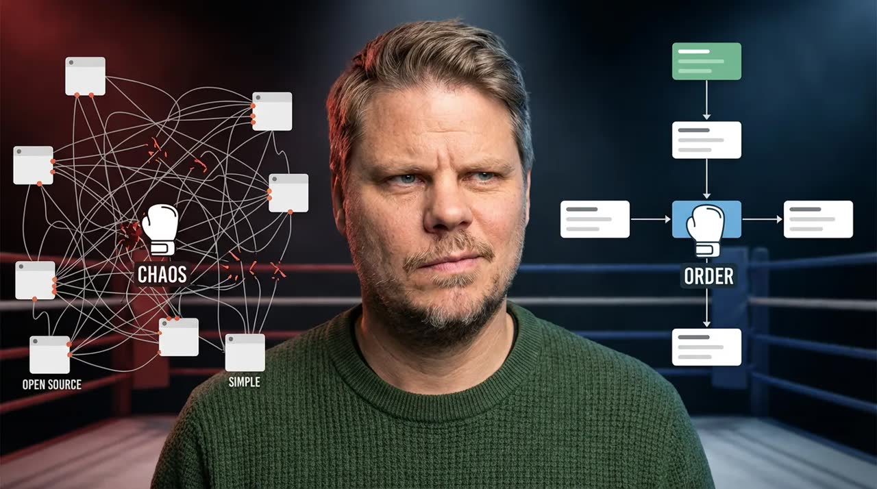 Jan Sverre står skeptisk i midten av en ring-kamp mellom en kaotisk open-source node-graf og en ren Freepik-flyt.