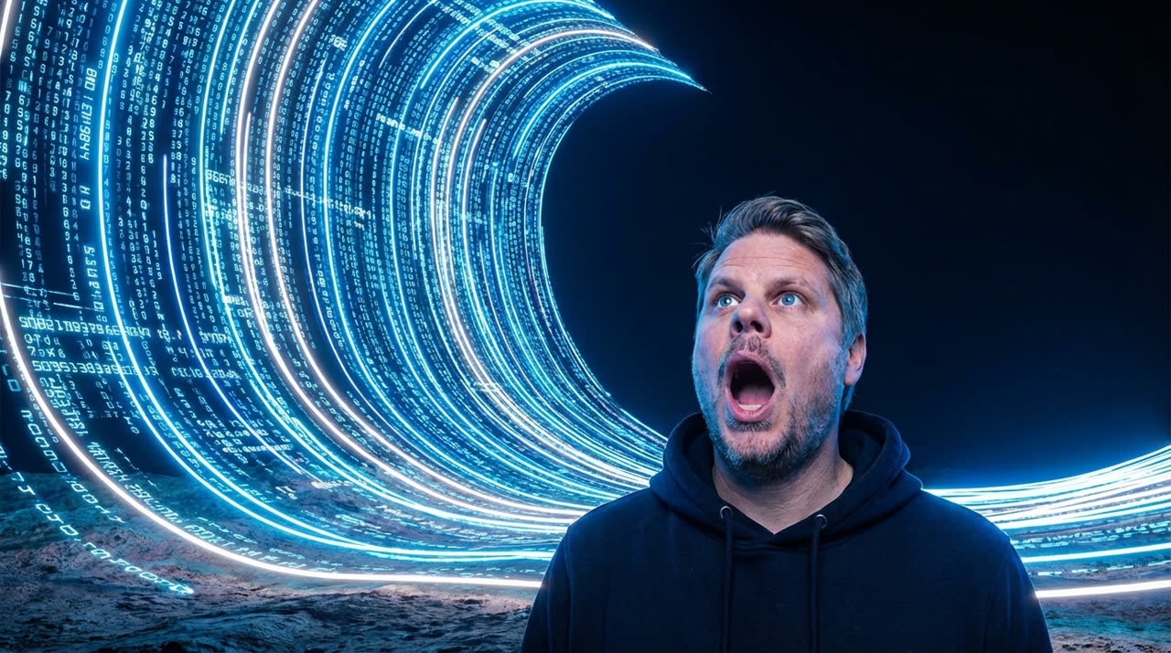 Jan Sverre ser opp med åpen munn på en gigantisk eksponentiell kurve som reiser seg som en tsunami over ham