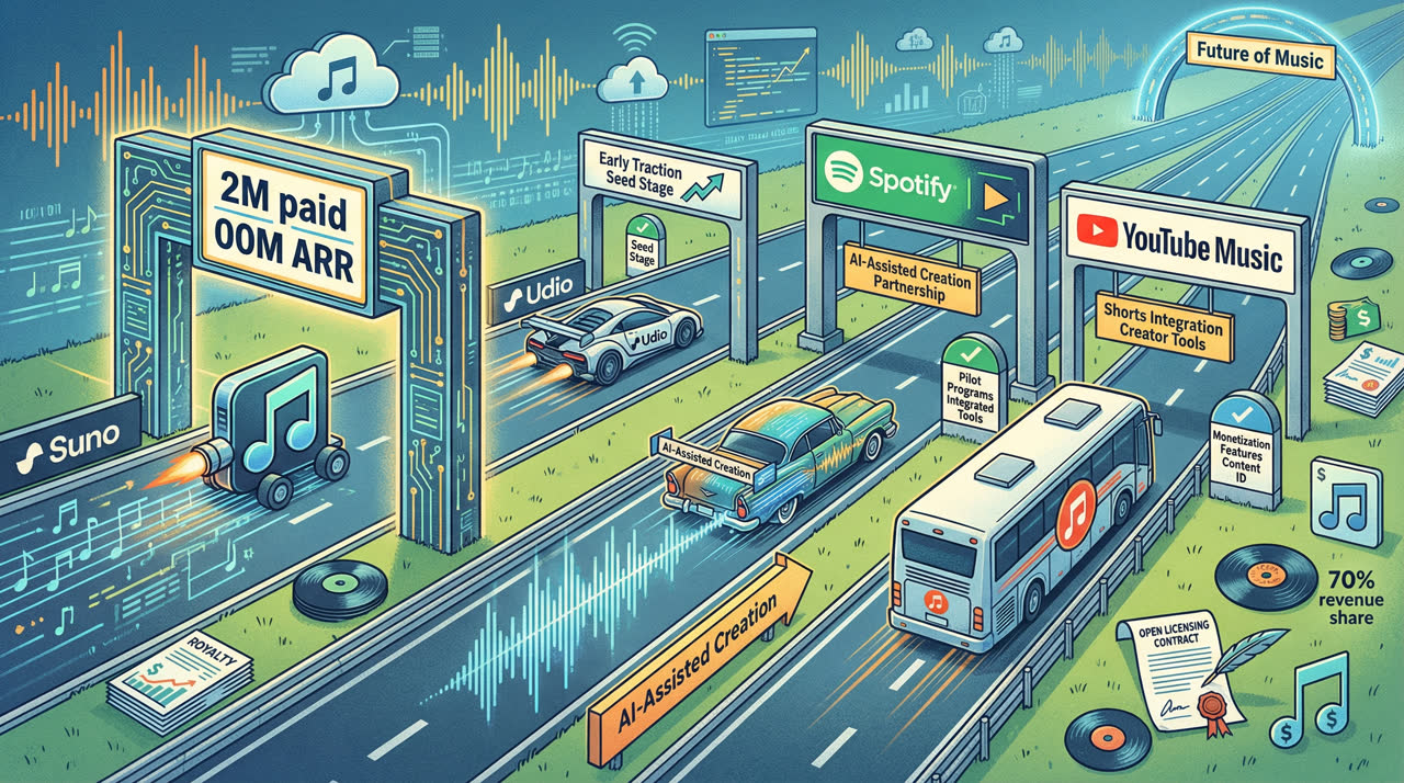 Illustrasjon av AI-musikkmarkedet som en konkurransebane der Suno passerer en milepæl på 2 millioner betalende og 300 millioner dollar ARR.