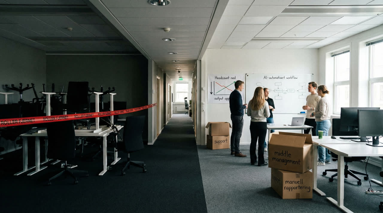 Avstengt kontorfløy og team rundt AI-tavle illustrerer hvordan roller kuttes mens AI-assisterte team skalerer output.
