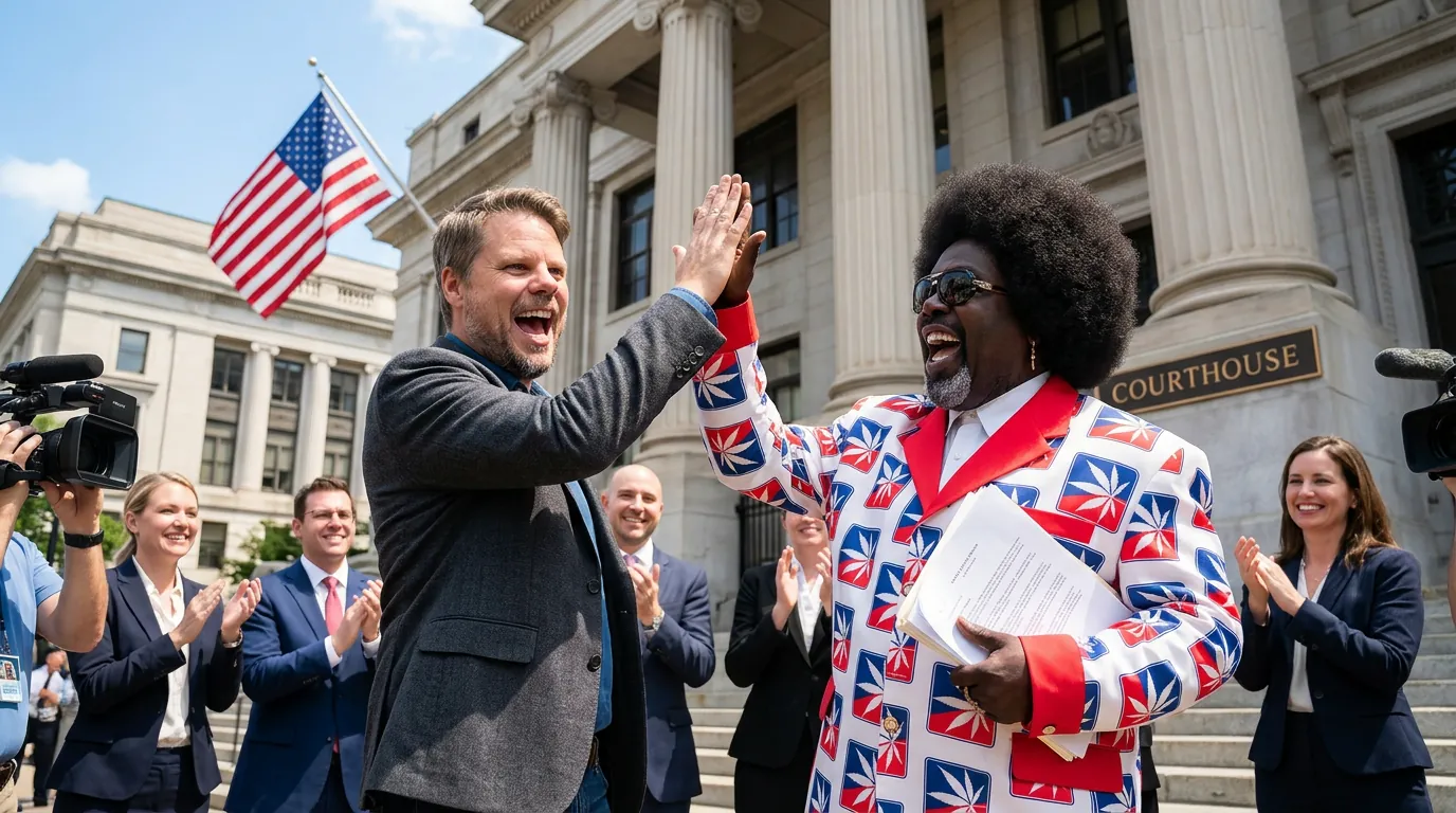 Afroman feirer seier utenfor rettssalen i Amerika etter jury-frifinnelse i mars 2026