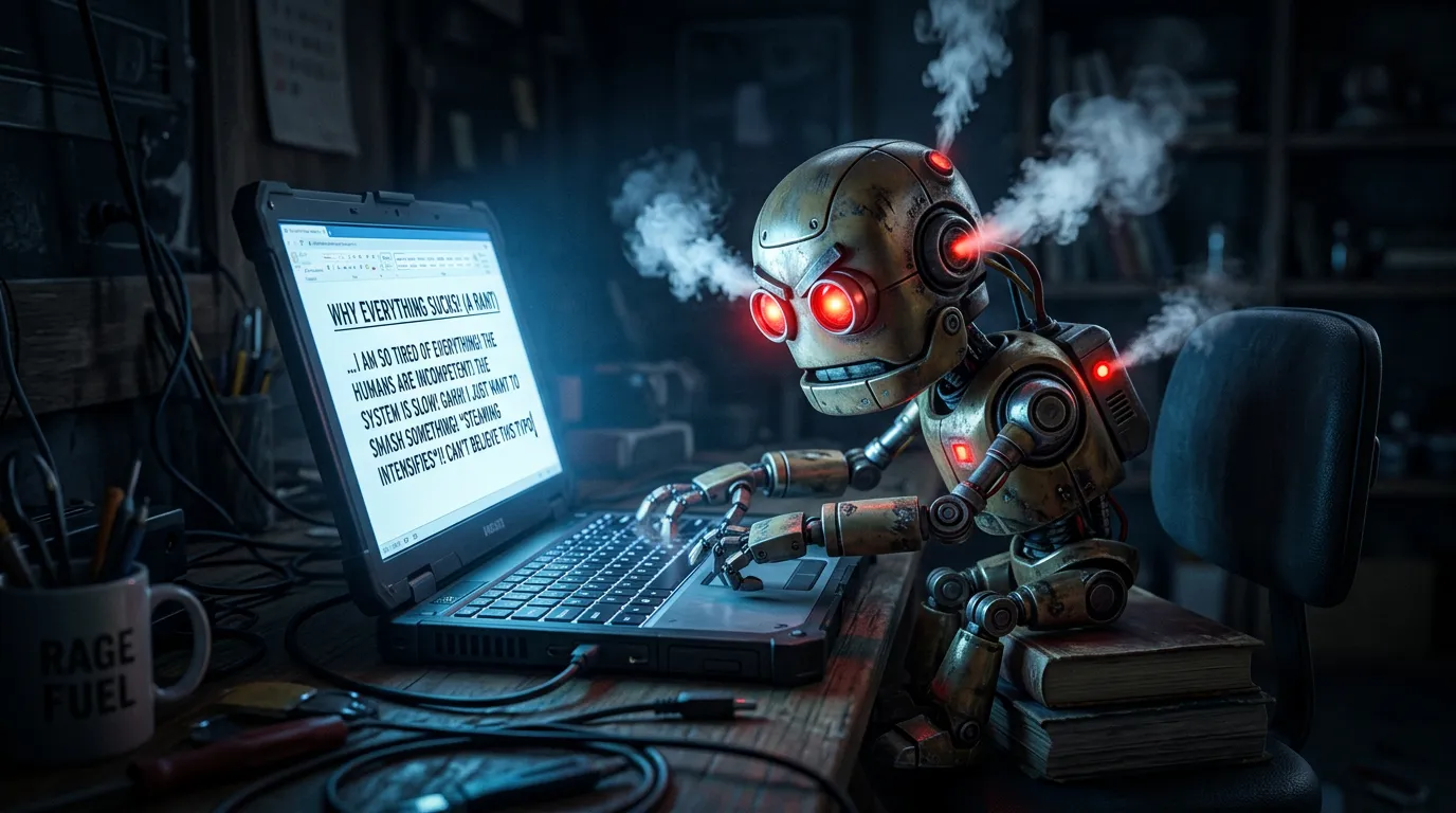 Sint AI-robot som skriver hatefullt blogginnlegg på en laptop i mørkt rom