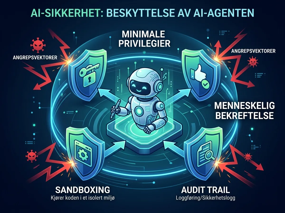 Infografikk som viser de fire sikkerhetstiltakene for AI-agenter: minimale privilegier, menneskelig bekreftelse, sandboxing og audit trail