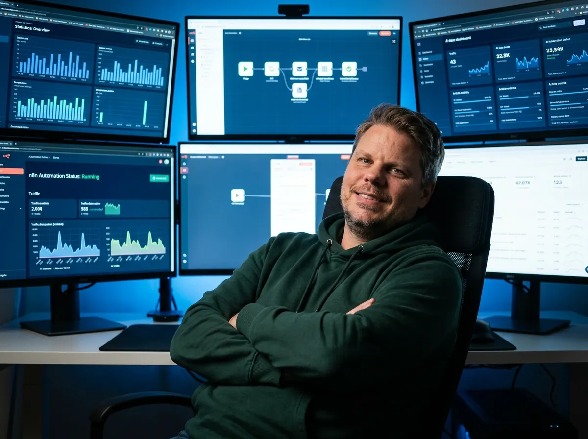 Jan Sverre ved hjemmekontor med flere skjermer som viser AI-dashboards og automatiseringsstatistikk
