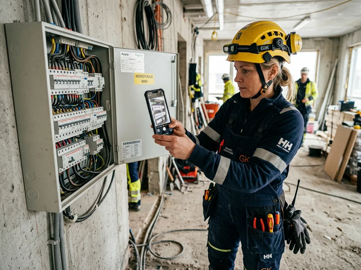 Elektriker tar bilde av sikringsboks med mobiltelefon for å analysere problemet med AI