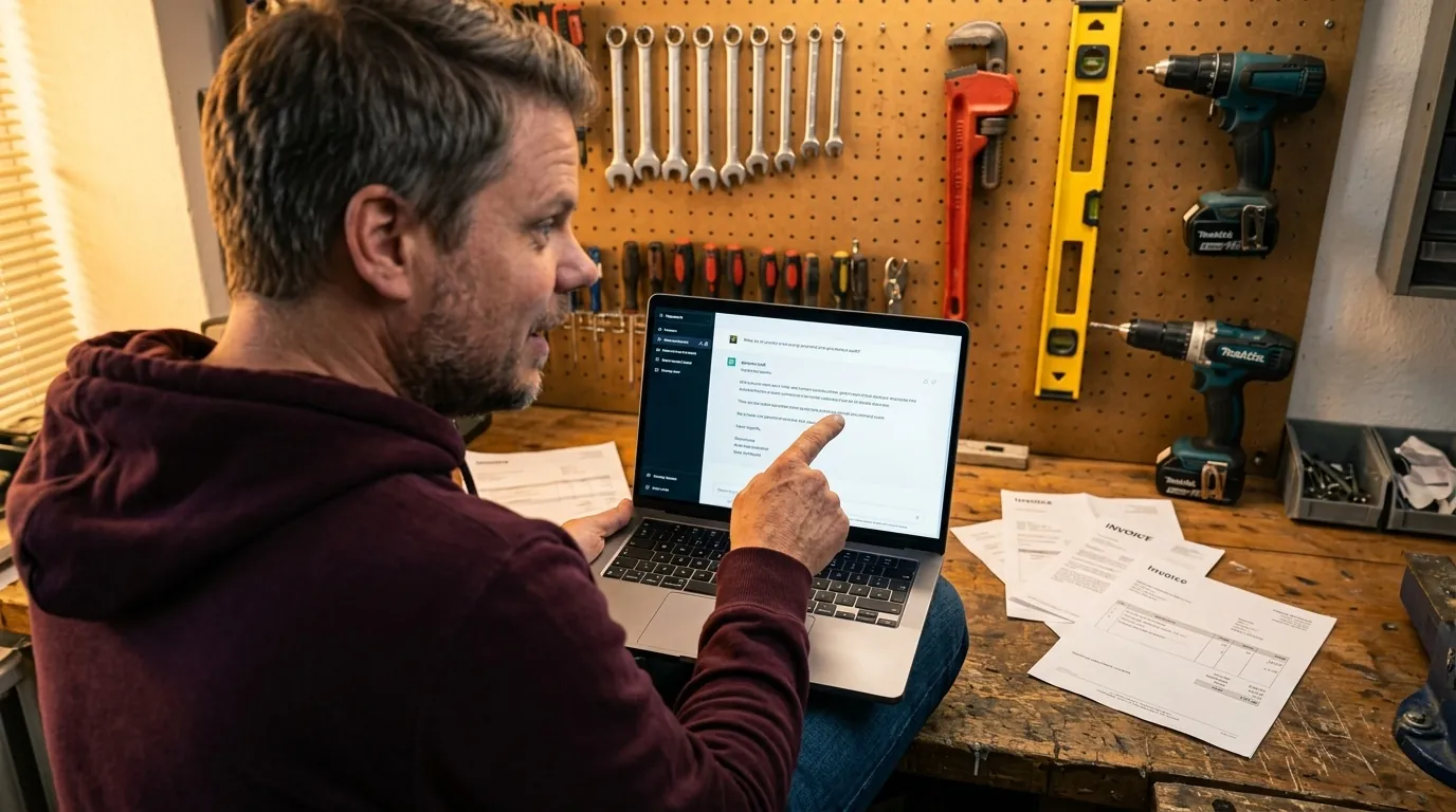 Rørlegger i verksted med laptop på knærne skriver AI-tilbud, verktøy henger på veggen bak