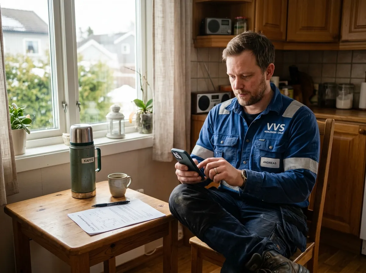 Rørlegger sitter ved kjøkkenbord og skriver tilbud ved hjelp av AI-chat på mobilen
