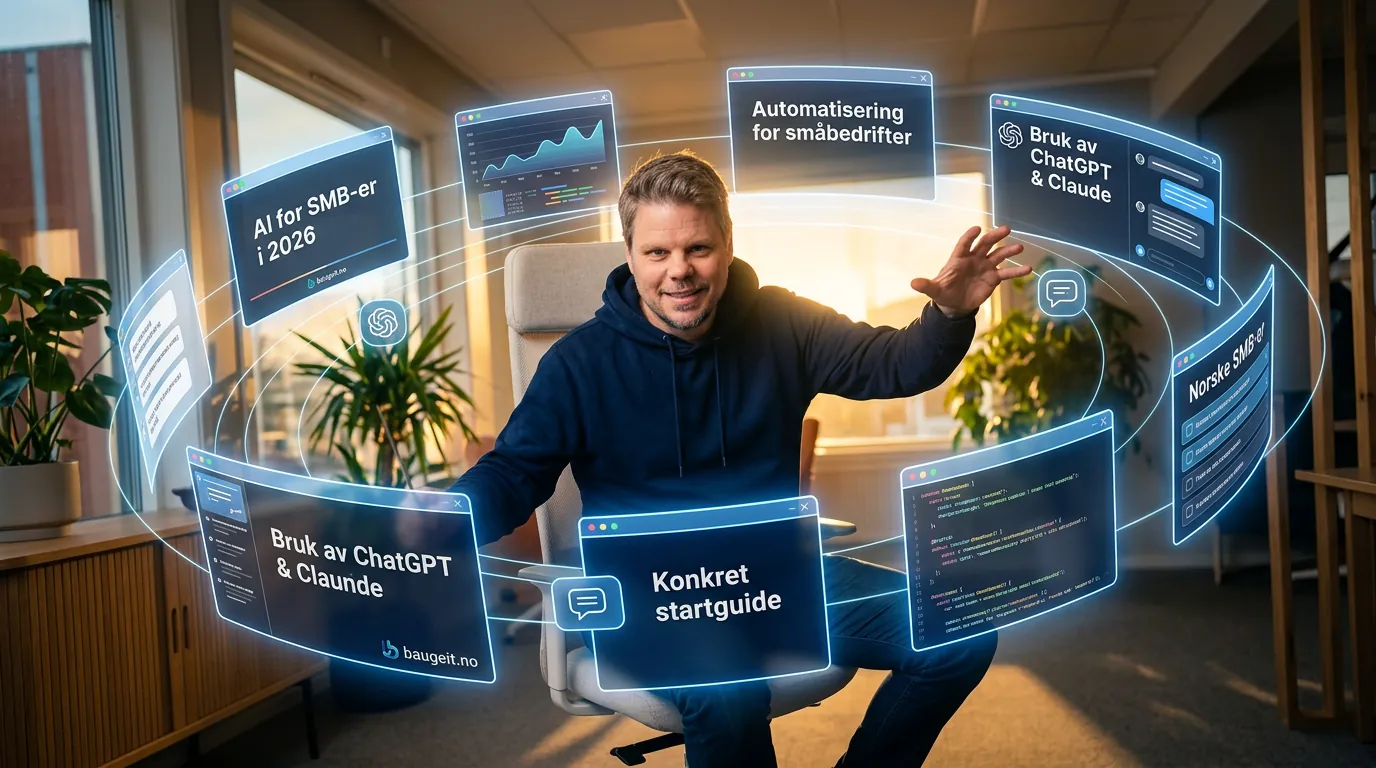Jan Sverre dirigerer AI-verktøy som svever rundt ham i et moderne kontor - symboliserer AI-drevet bedriftsdrift