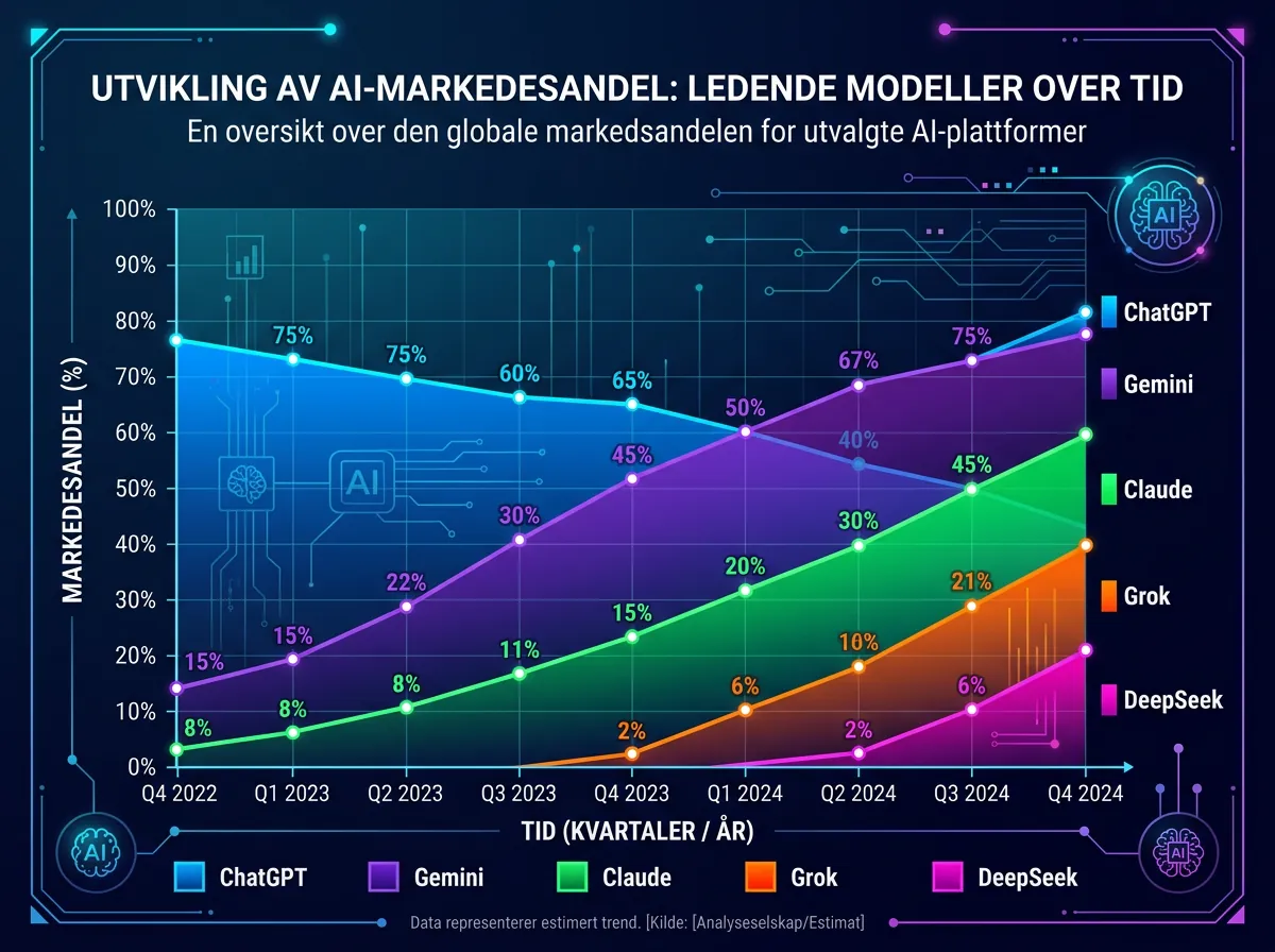 Diagram som viser utviklingen i markedsandeler for AI-tjenester fra 2025 til 2026