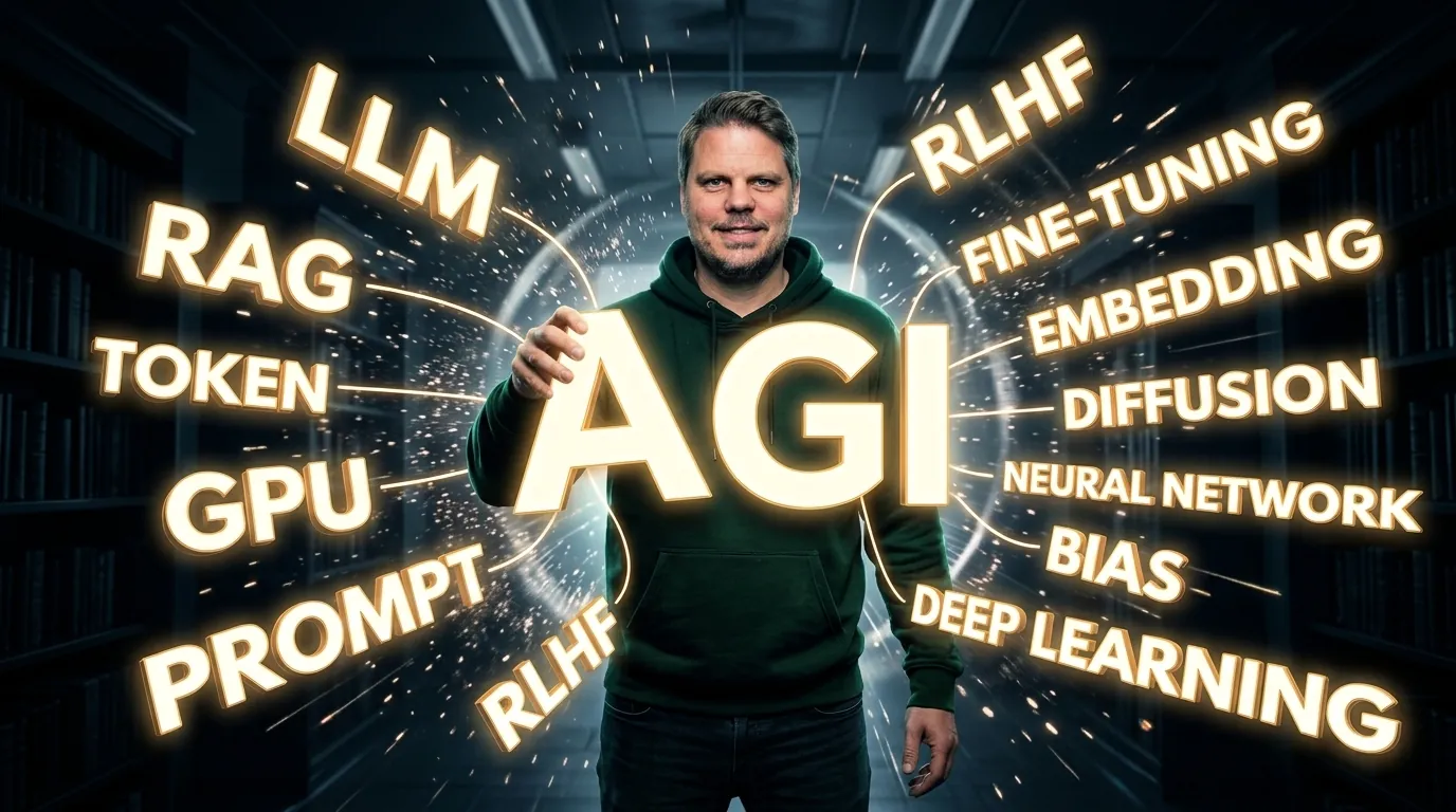 Jan Sverre bygger en AI-ordbok av lysende begreper som AGI, LLM og RAG i et digitalt univers