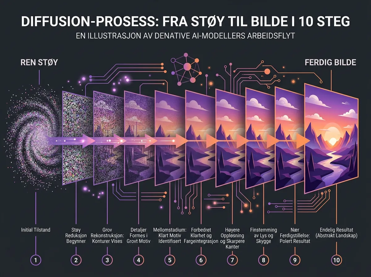 Diffusion-prosessen visualisert - fra pikselstøy til ferdig bilde i ti steg