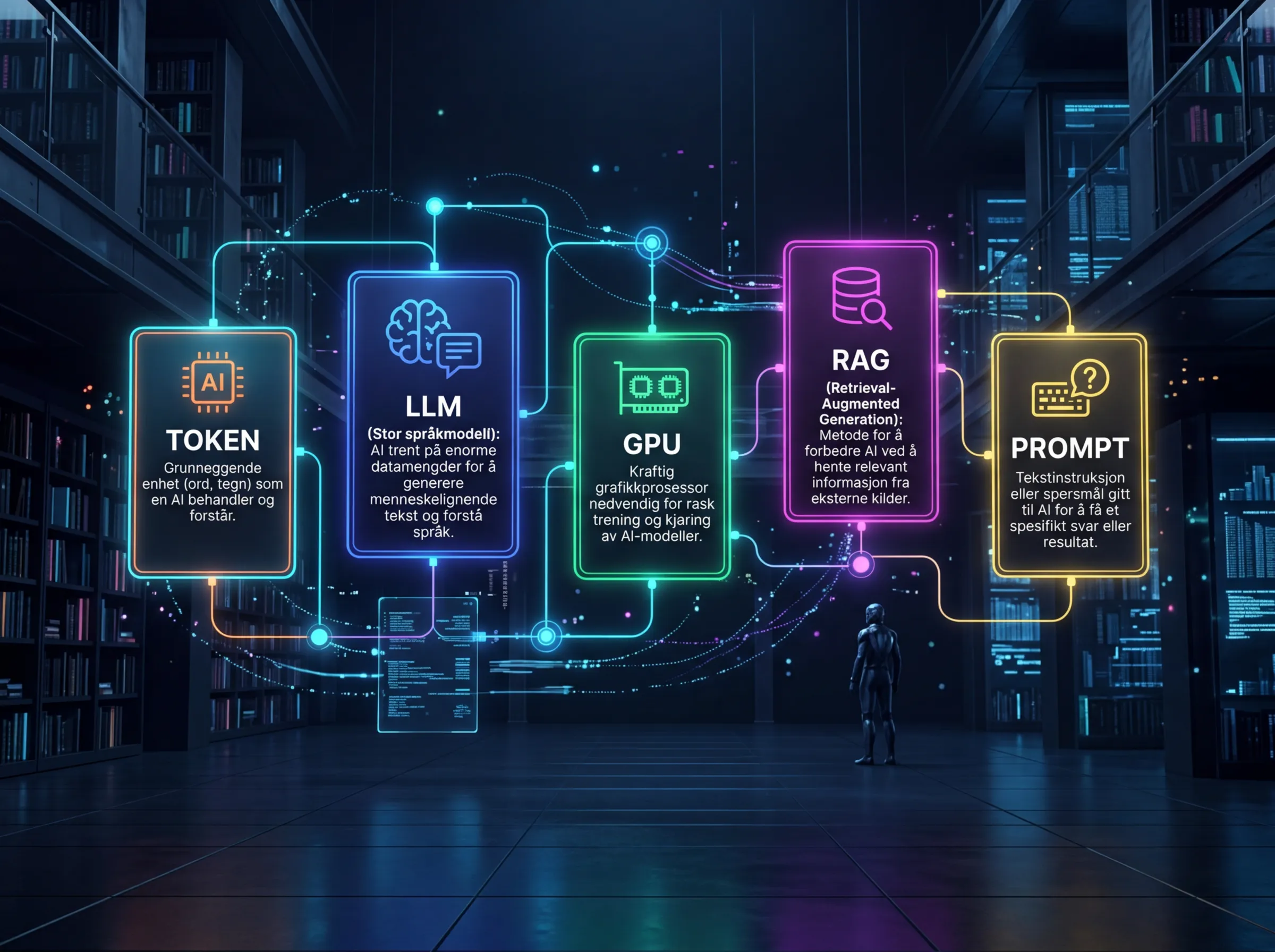 Holografiske AI-begreper koblet i et lysende nettverk - illustrasjon av AI-terminologi