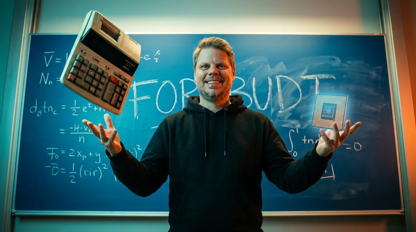 Jan Sverre holder opp en kalkulator og en AI-chip mens han peker på et FORBUDT-skilt på tavlen bak seg