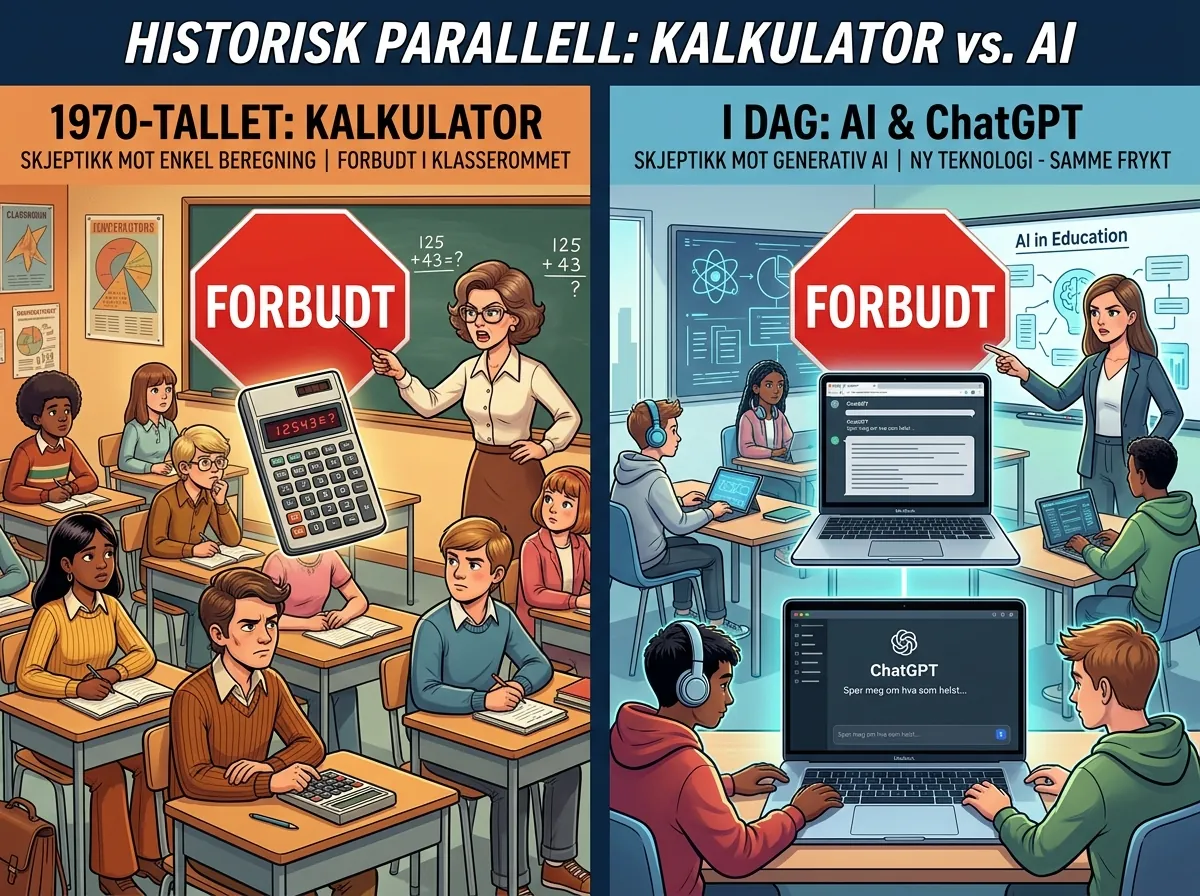 Illustrasjon som sammenligner forbud mot kalkulator på 1970-tallet med forbud mot AI i moderne skole