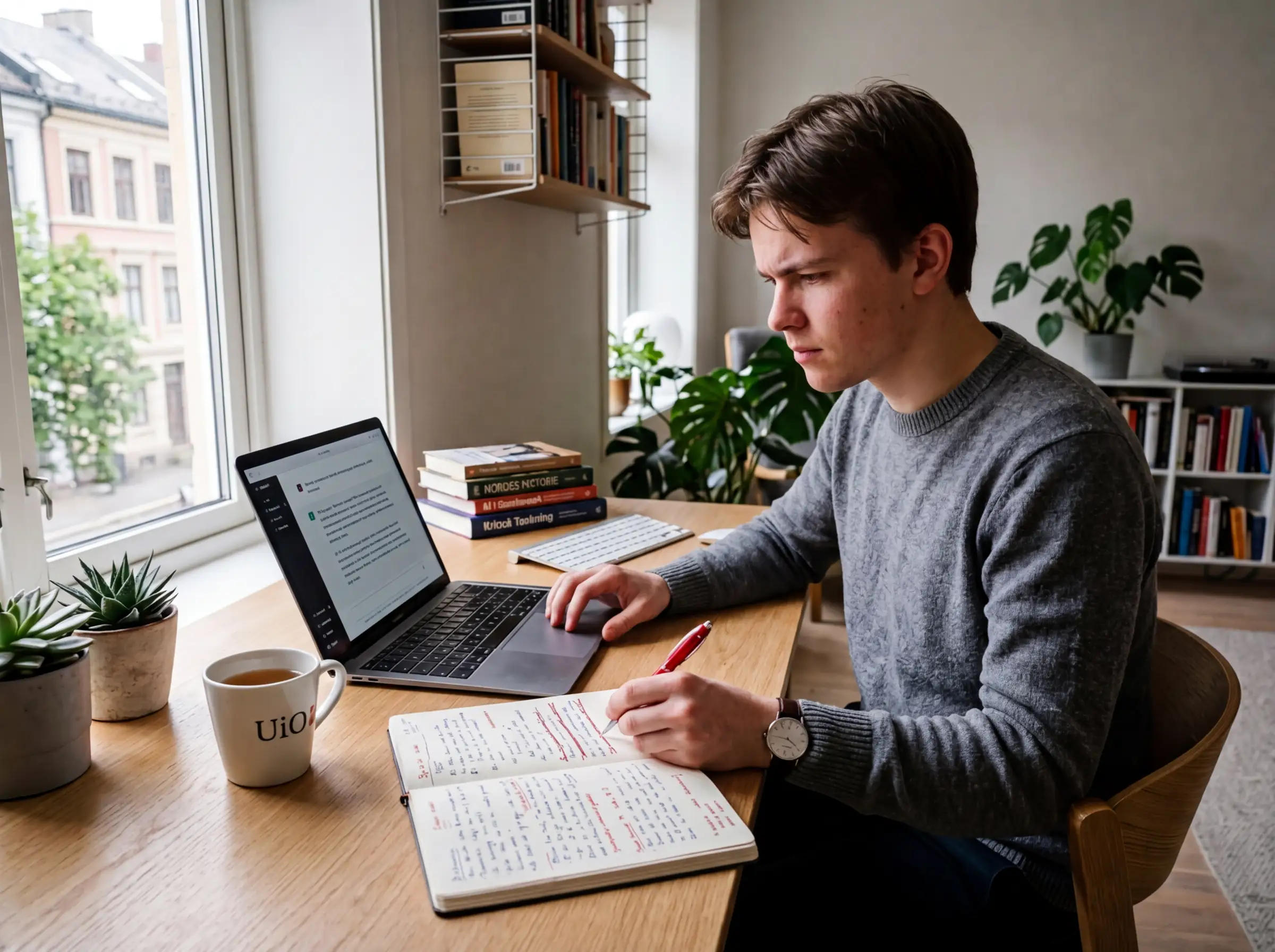 Student som bruker AI-chatbot på laptop og noterer kritiske merknader i bok ved siden av