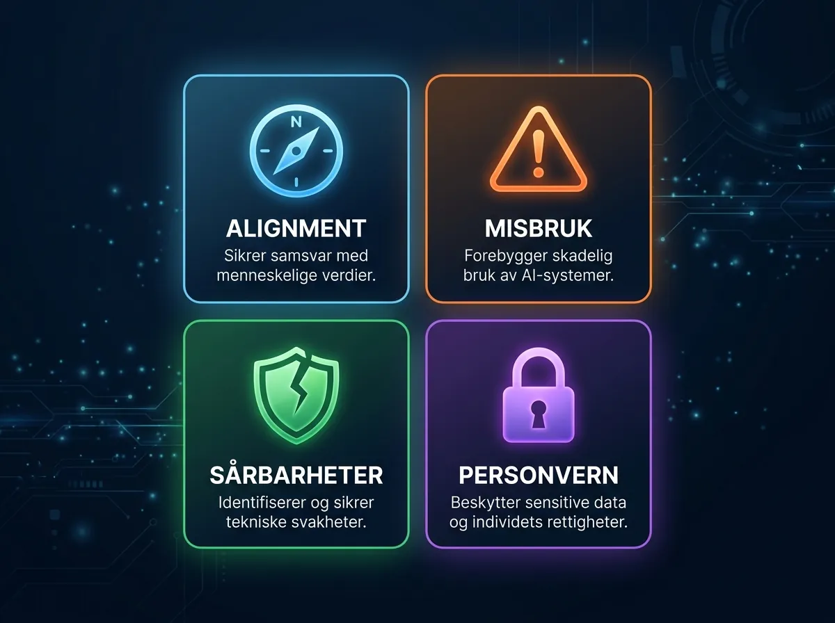 De fire kategoriene i AI-sikkerhet: alignment, misbruk, sårbarheter og personvern illustrert i et rutenett