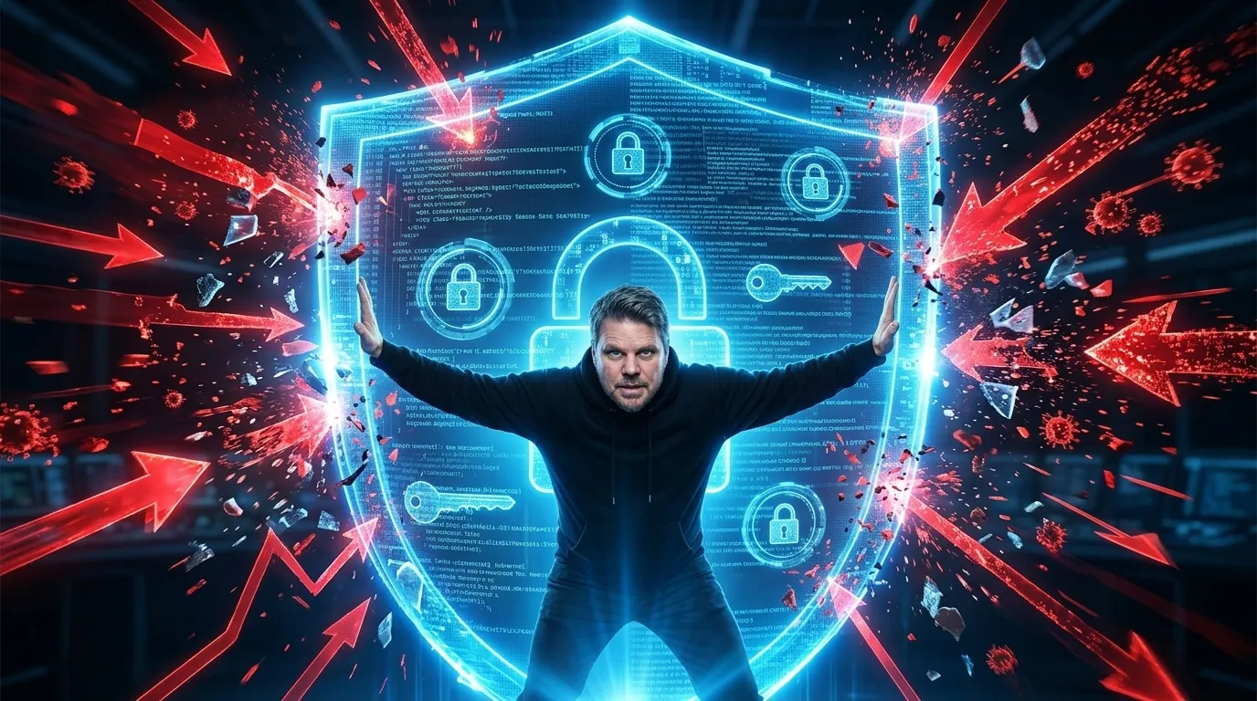 Jan Sverre holder opp et digitalt sikkerhetsskjold mot AI-angrep, prompt injection og supply chain-trusler i 2026