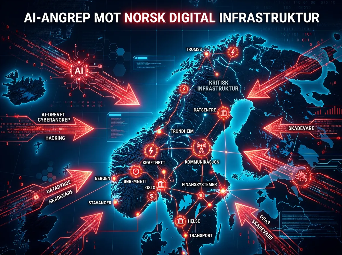 Digitalt kart over Norge med røde angrepspiler mot kritisk infrastruktur - AI-baserte trusler mot kraftverk og kommunikasjon